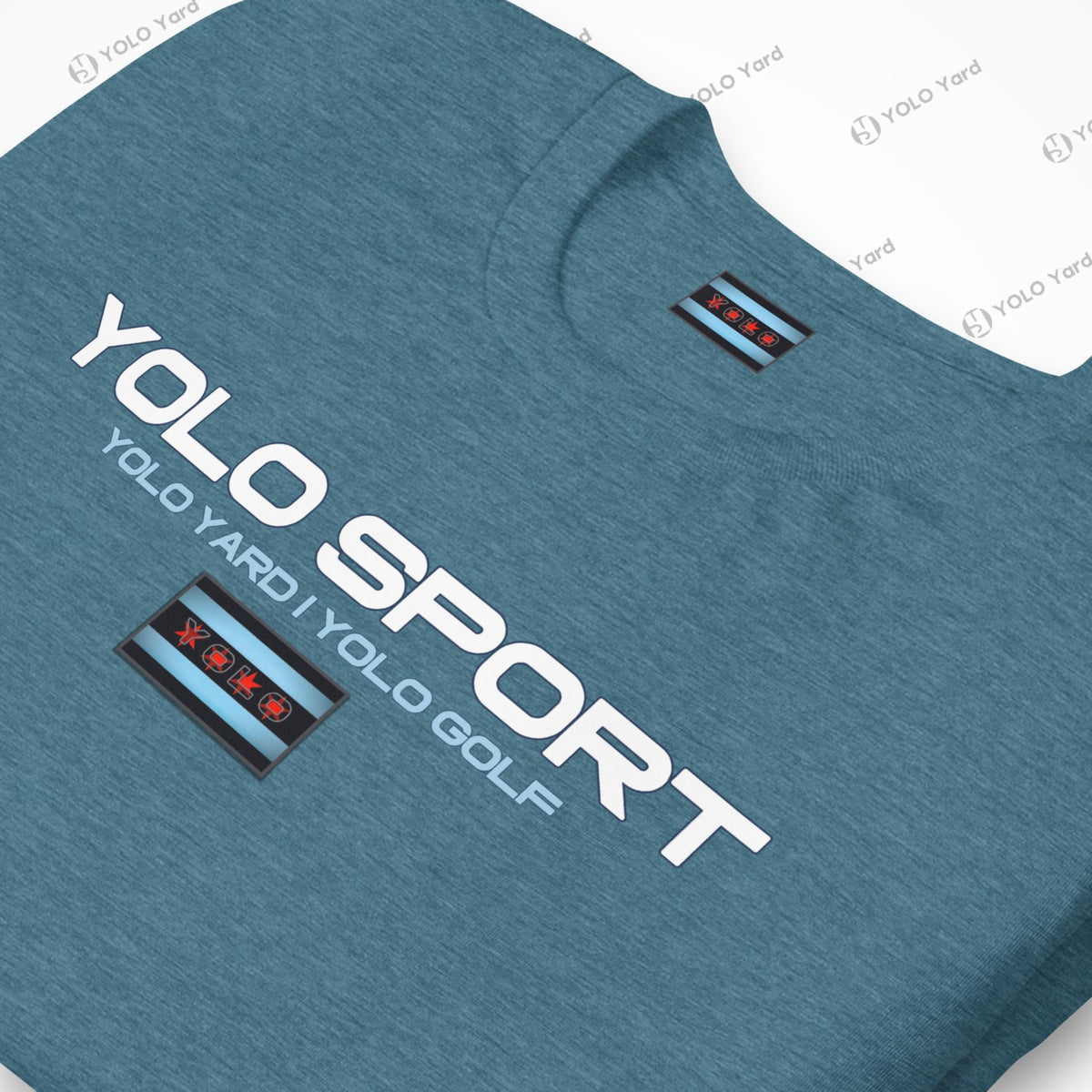 Close-up of a teal YOLO Sport t-shirt showcasing the logo and Chicago flag-inspired design. Lightweight and stretchy material.