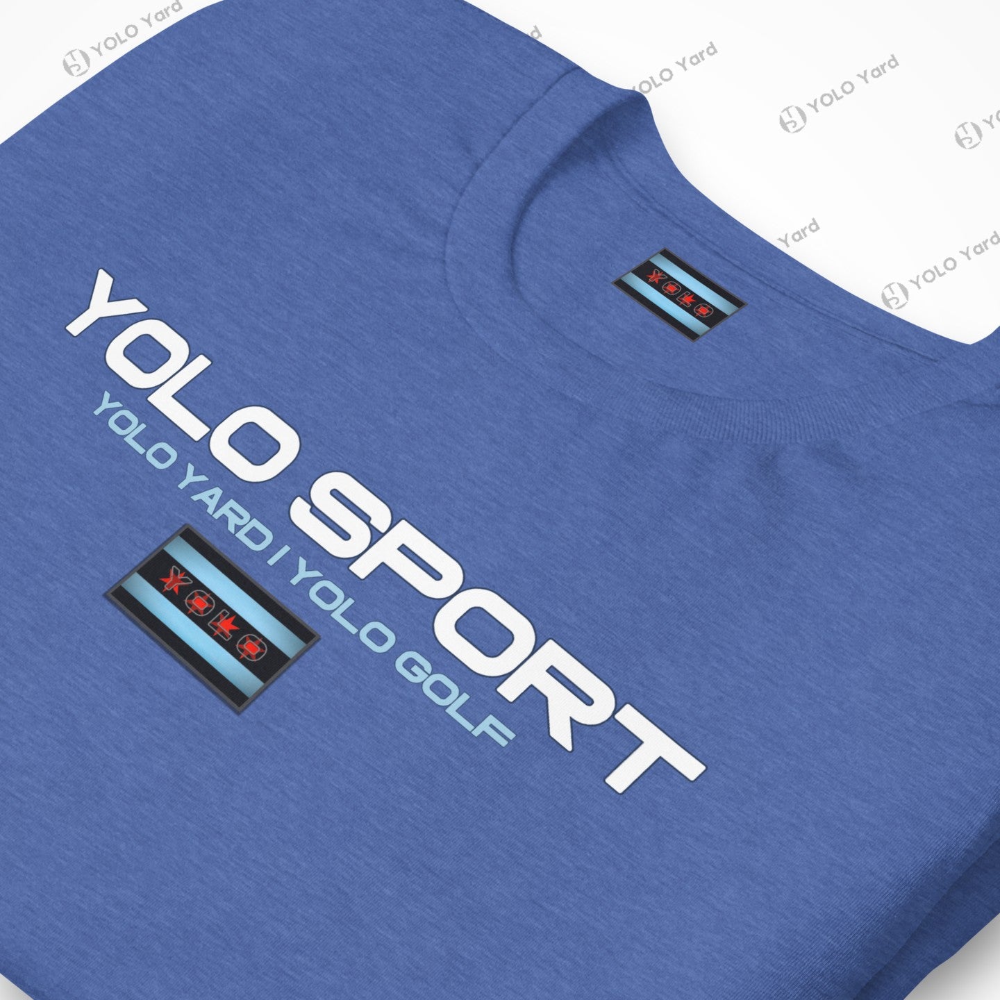 Close-up of a blue YOLO Sport t-shirt featuring a bold logo and Chicago flag-inspired design. Perfect for active or casual wear.