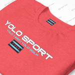 Close-up of a red YOLO Sport t-shirt with a sleek logo and Chicago flag-inspired design. Soft and breathable fabric.