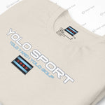 Close-up of a cream YOLO Sport t-shirt showcasing the logo and Chicago flag-inspired design. Soft and breathable fabric.