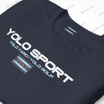 Close-up of a navy blue YOLO Sport t-shirt showcasing the logo and Chicago flag-inspired design. Soft and durable fabric.