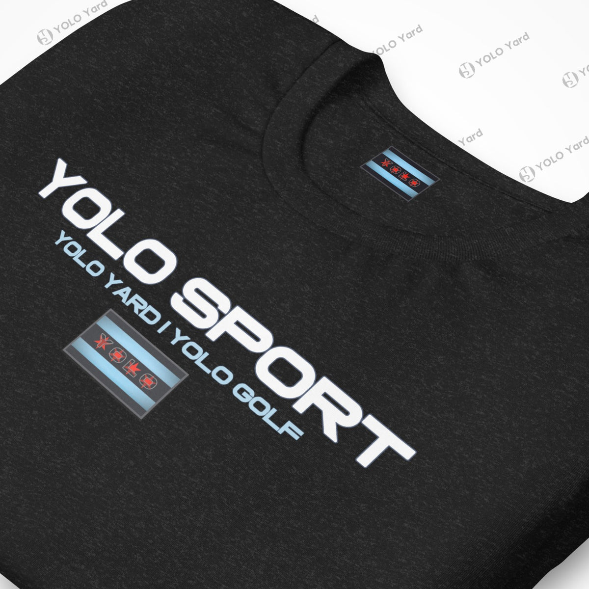 Close-up of a black YOLO Sport t-shirt with a bold logo and Chicago flag-inspired design. Perfect for casual or active wear.