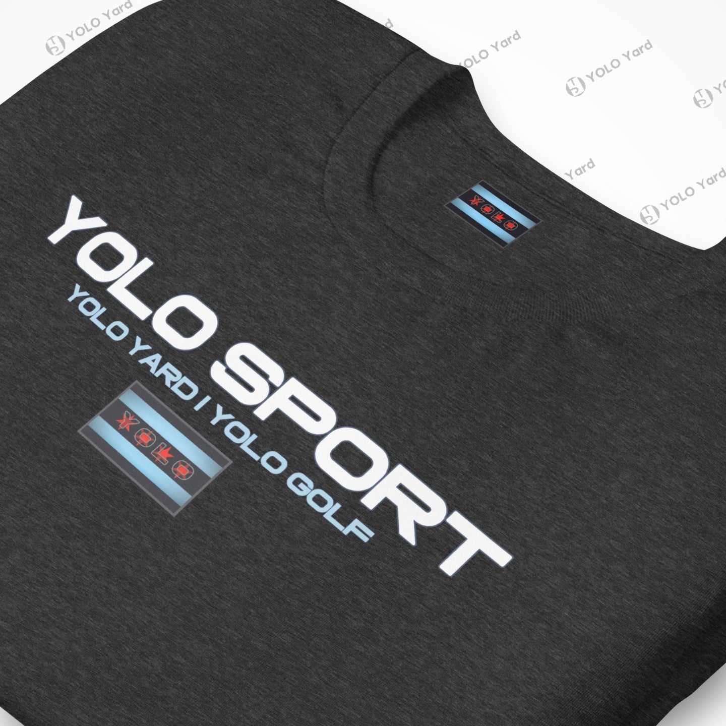 Close-up of a charcoal gray YOLO Sport t-shirt featuring a sleek logo and Chicago flag-inspired design. Lightweight and stylish.