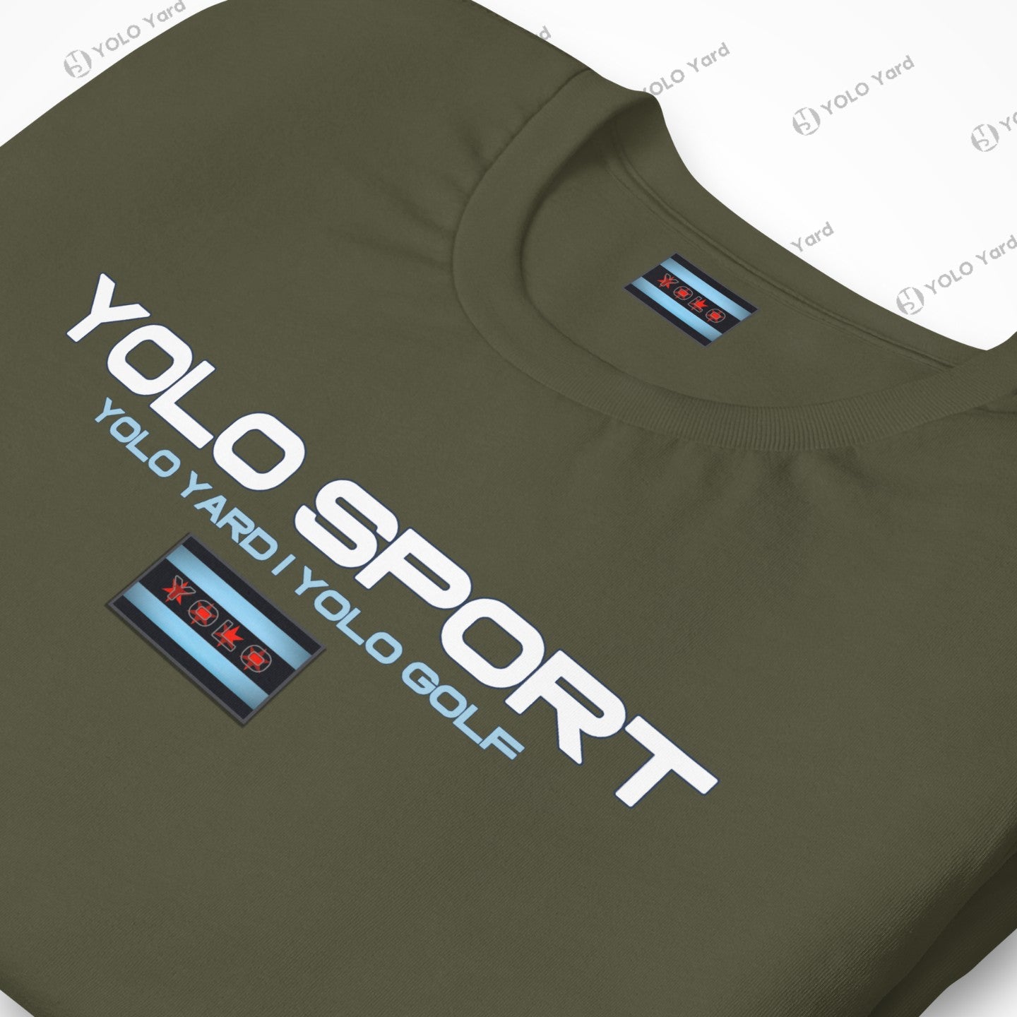 Close-up of an olive green YOLO Sport t-shirt featuring a bold logo and Chicago flag-inspired design. Lightweight and stylish.