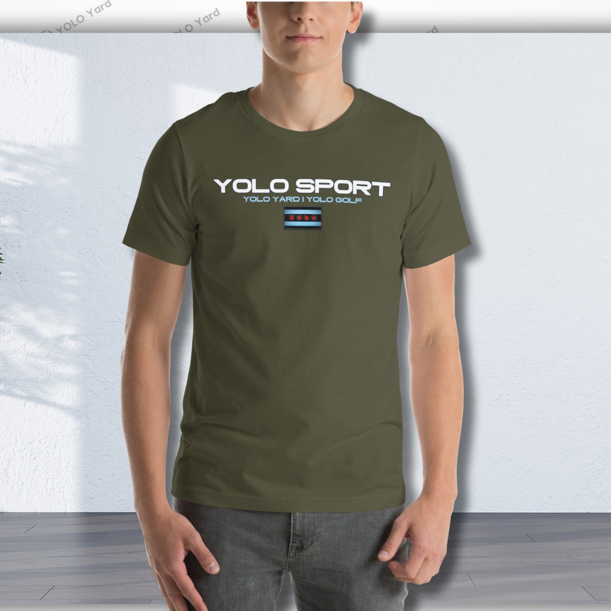 Olive green YOLO Sport unisex t-shirt worn by a man. Comfortable and versatile for both active and casual wear.