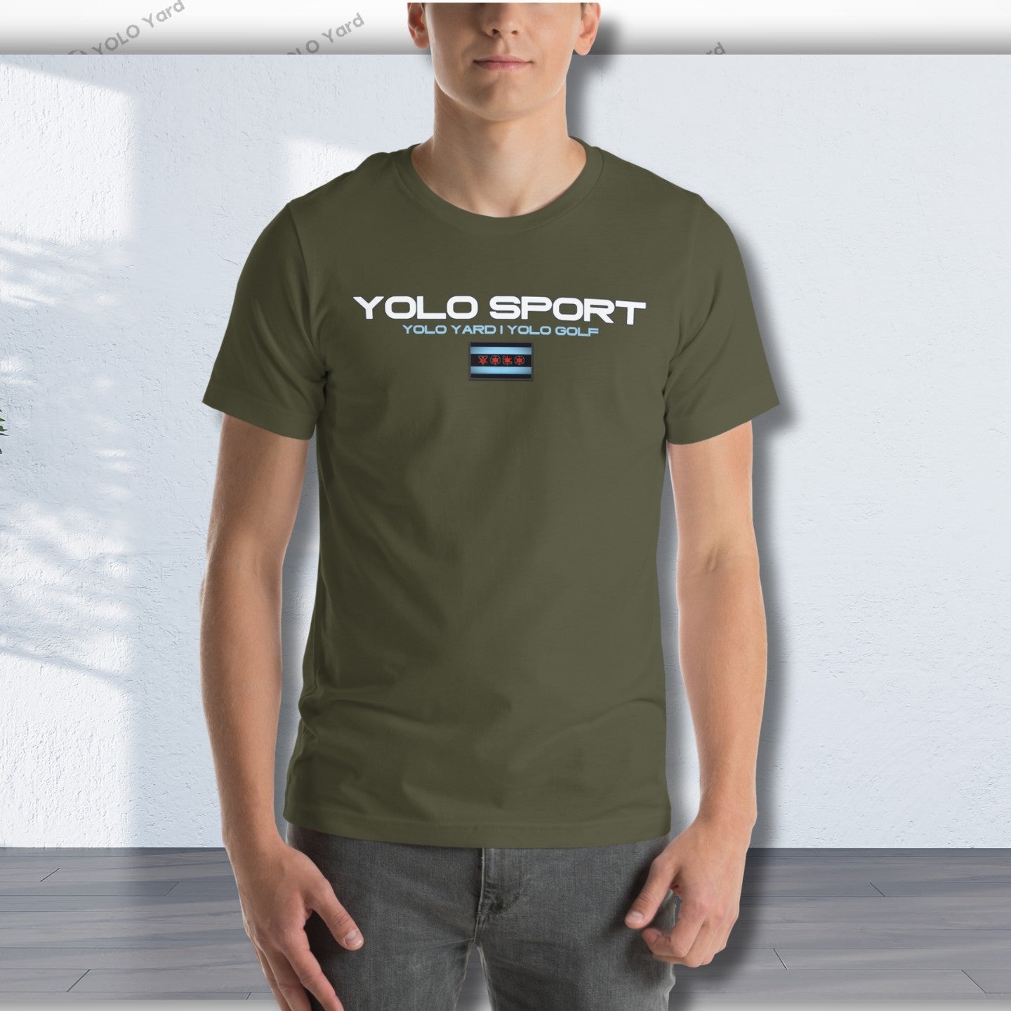 Olive green YOLO Sport unisex t-shirt worn by a man. Comfortable and versatile for both active and casual wear.