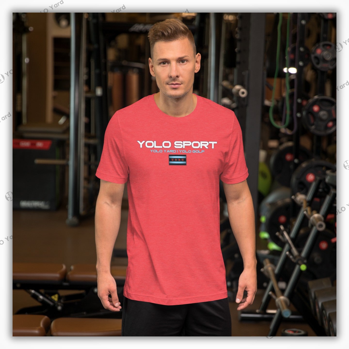 Red YOLO Sport unisex t-shirt worn by a man in a gym setting. Soft, stretchy fabric ideal for athleisure and fitness activities.