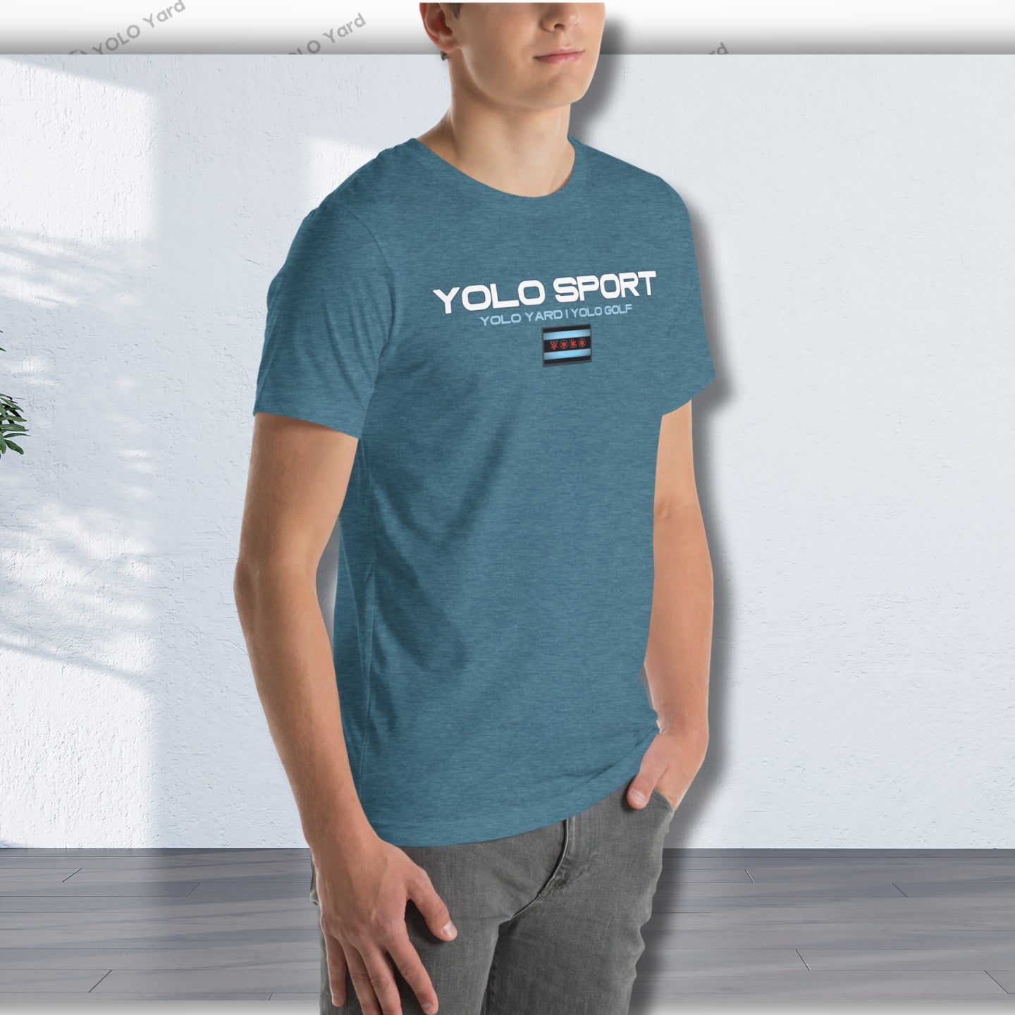 Teal YOLO Sport unisex t-shirt worn by a man. Lightweight and breathable fabric ideal for athleisure or casual wear.