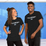 Black YOLO Sport unisex t-shirts modeled by a smiling man and woman. Versatile and sleek design for everyday wear.