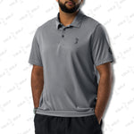 Man wearing the space-dyed gray polo shirt from 