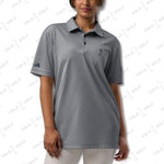 Woman wearing the space-dyed gray polo shirt from 