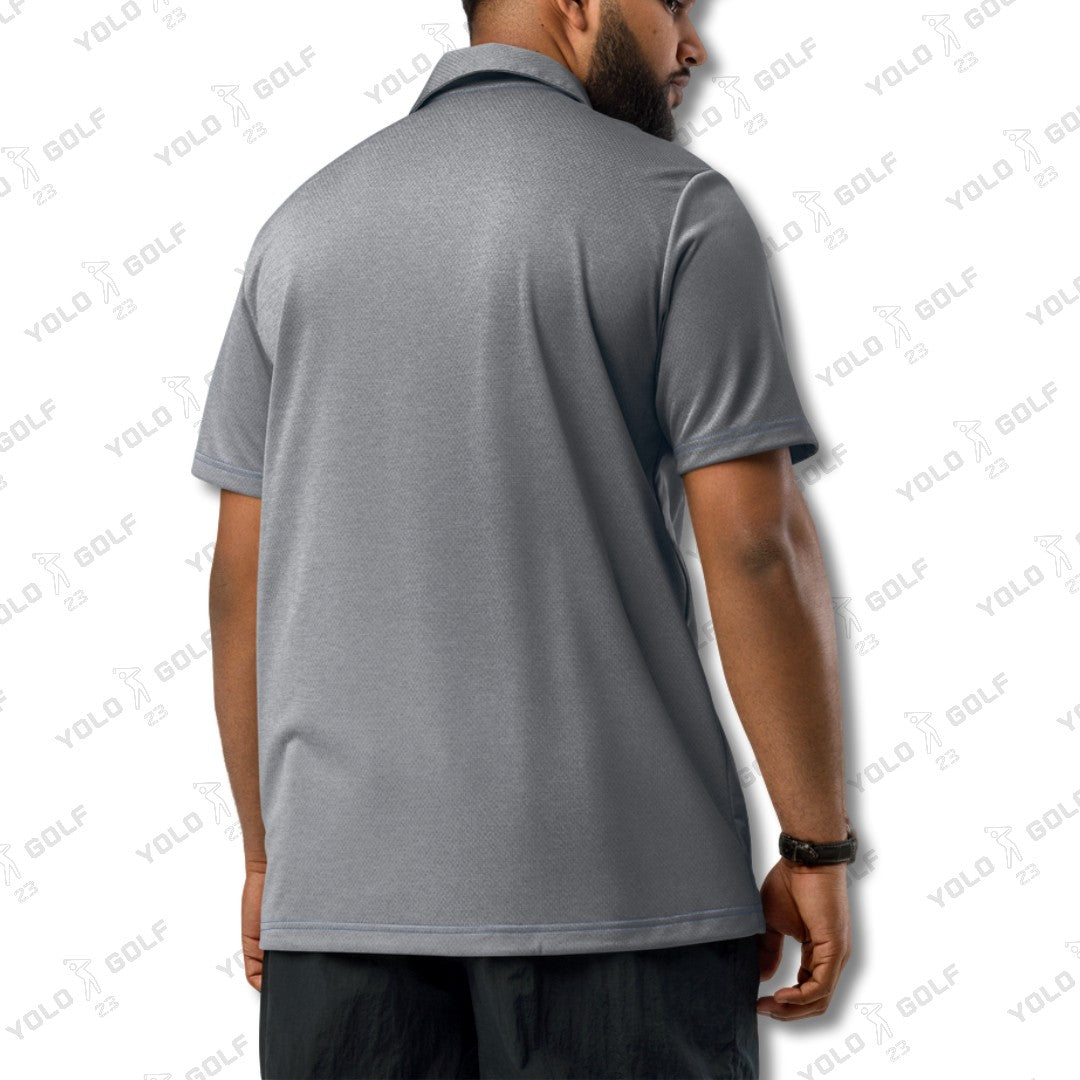 Back view of a man wearing the space-dyed gray polo shirt from 