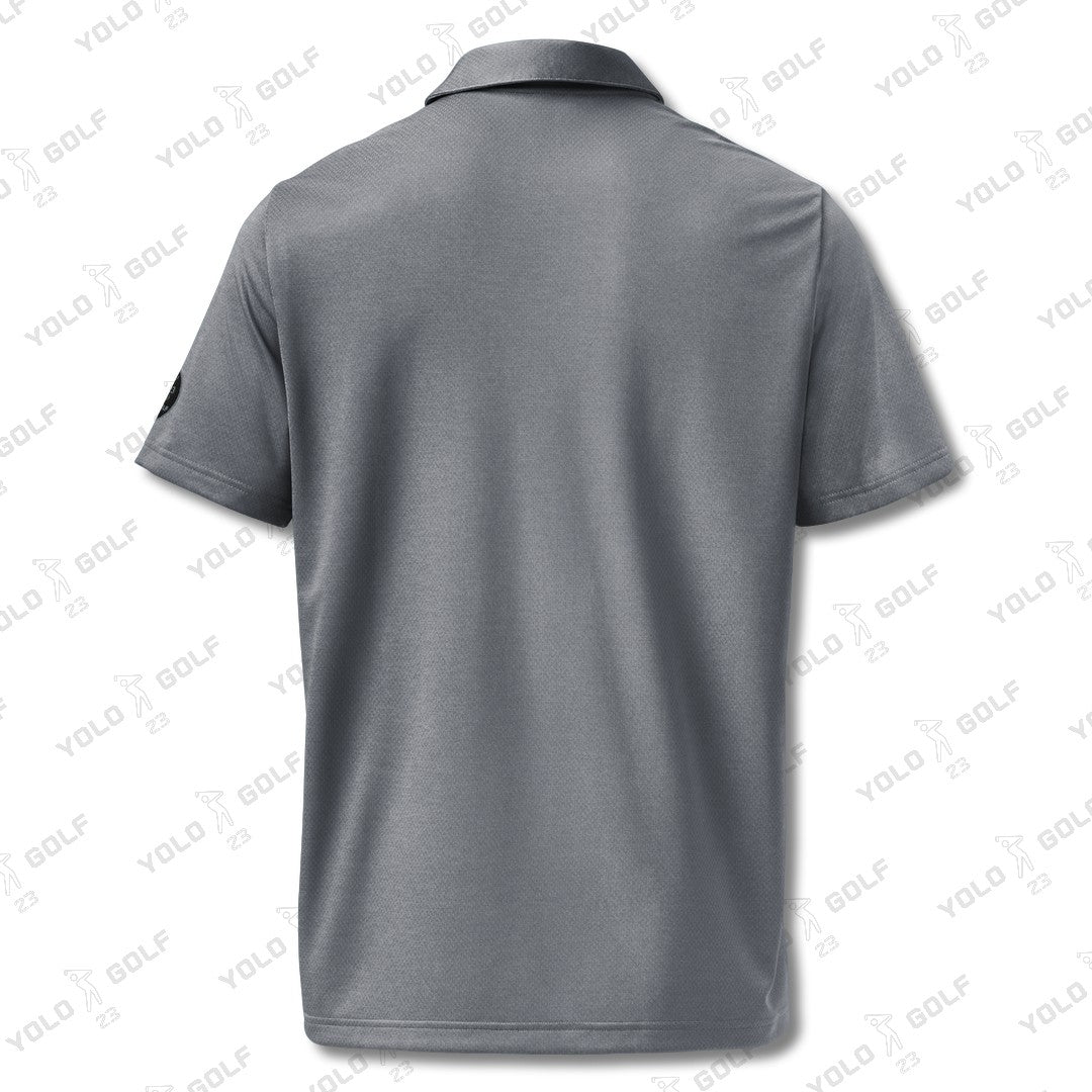 Rear view of the space-dyed gray polo shirt from 