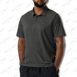 Man wearing the space-dyed black polo shirt from 