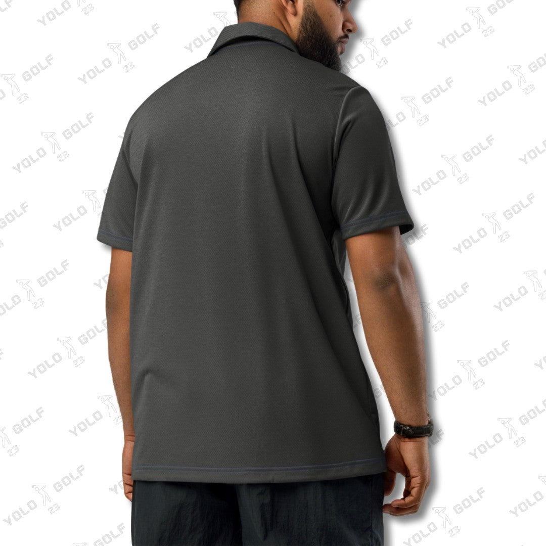 Back view of a man wearing the space-dyed black polo shirt from 