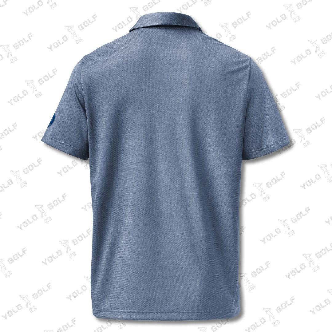 Back view of the signature blue space-dyed polo shirt from 