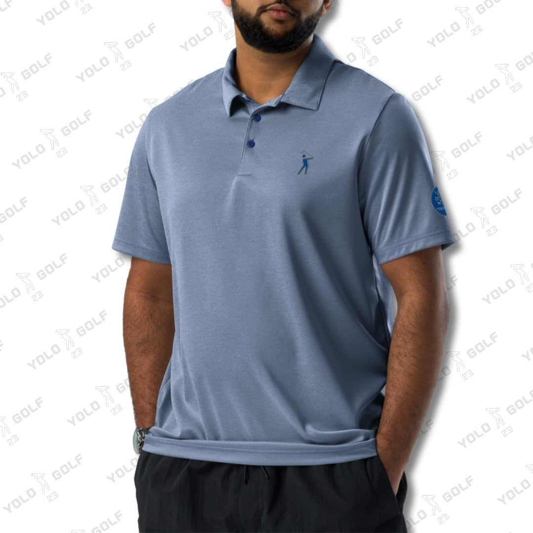 Model wearing the space-dyed polo shirt from 