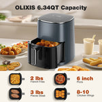 OLIXIS 6.34QT Air Fryer with capacity details for cooking 2 lbs of fries, 6-inch pizza, 3 pieces of steak, or 8-10 chicken wings.