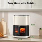 OLIXIS Air Fryer in cream color with dimensions 13.6 inches tall and 12.9 inches wide, featuring a modern and compact design.