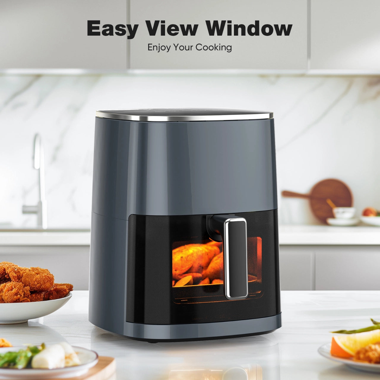 OLIXIS Air Fryer in dark gray with easy view window, ideal for precise cooking and a stylish addition to any kitchen.