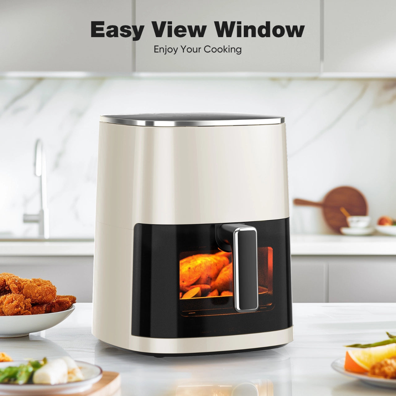 12-in-1 Rapid Air Fryer with easy view window in a modern kitchen setting, perfect for family meals and efficient cooking.