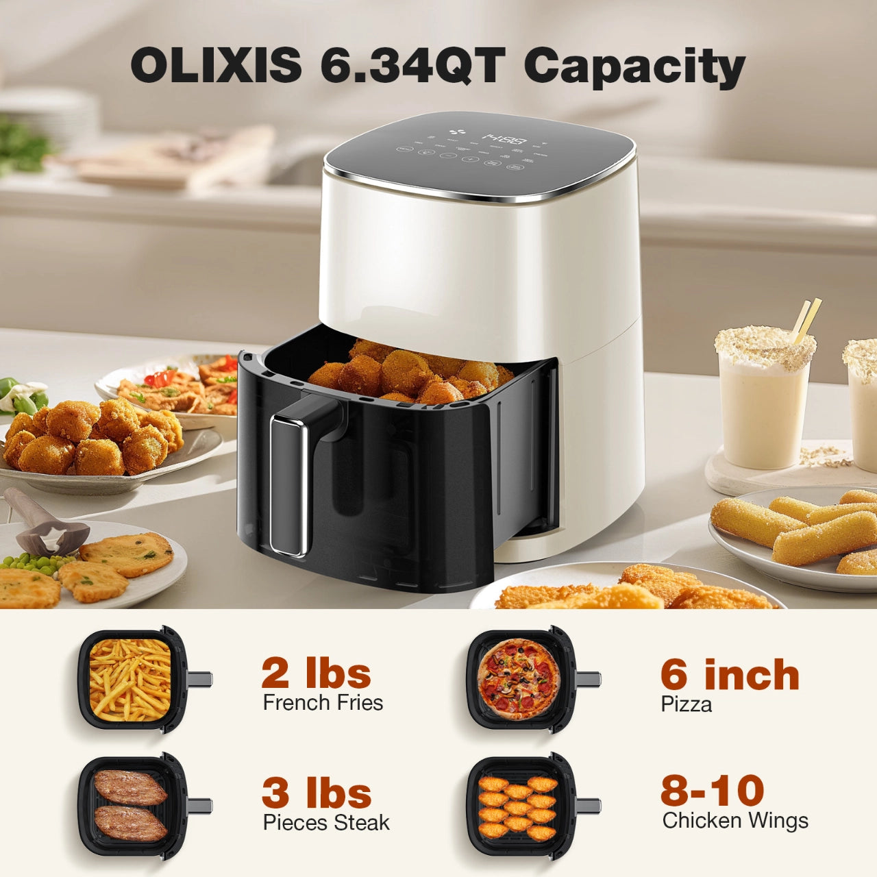 OLIXIS 6.34QT Air Fryer showcasing cooking capacity for fries, pizza, steak, and chicken wings with a modern design.