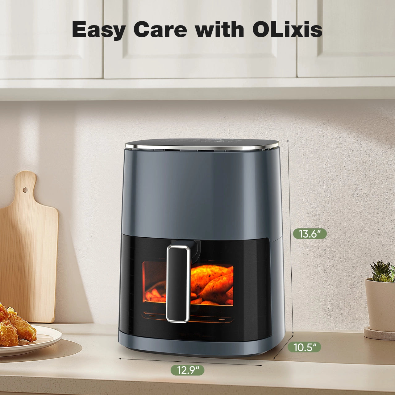 OLIXIS Air Fryer with dimensions 13.6 inches tall and 12.9 inches wide, featuring a sleek design and easy view window.