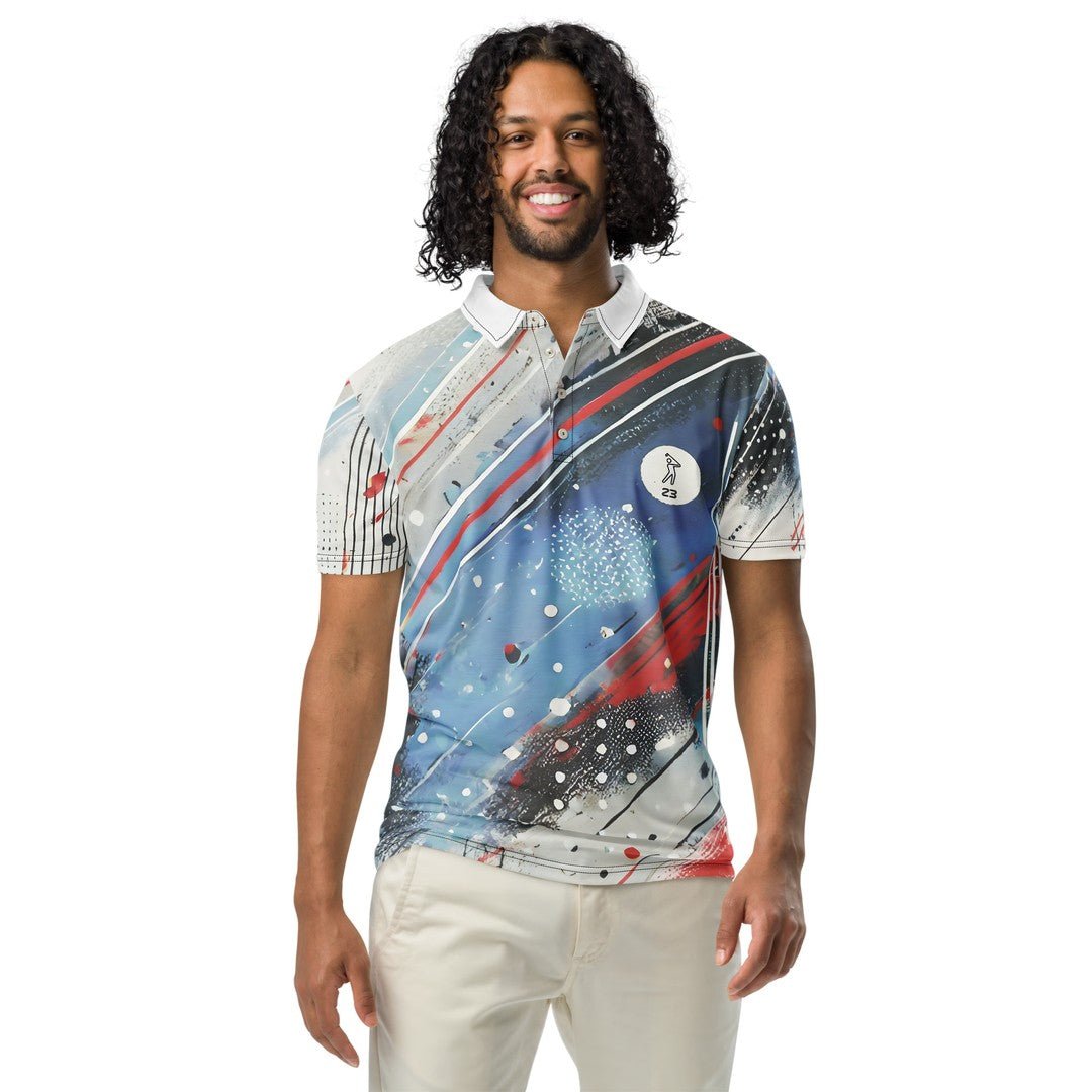 Model wearing the 'America' Swing23 Slim Fit Polo Shirt from YOLO Golf Sportswear, featuring a vibrant abstract red, blue, and white design.