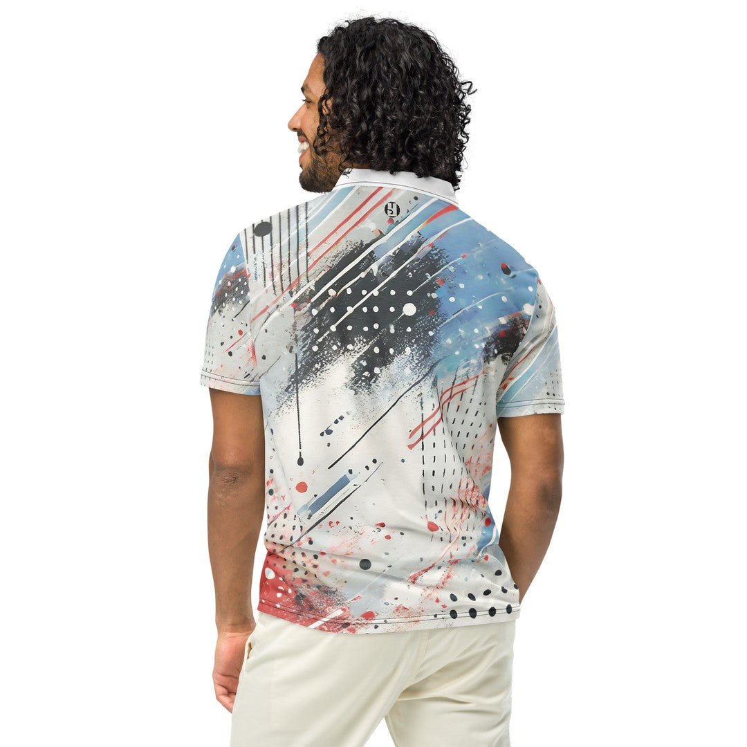 Back view of the 'America' Swing23 Slim Fit Polo Shirt, featuring a bold abstract design with red, blue, and white accents.