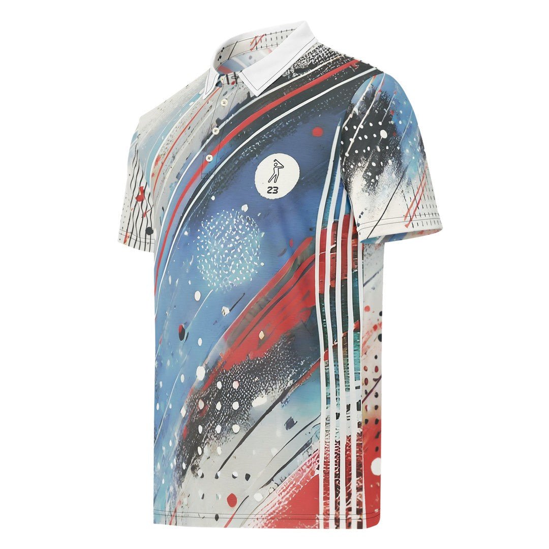 Angled front view of the 'America' Swing23 Slim Fit Polo Shirt, highlighting the vibrant abstract design and slim fit cut.