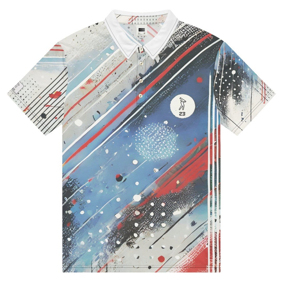 Flat lay of the 'America' Swing23 Slim Fit Polo Shirt, displaying the full abstract red, blue, and white design with a white collar.