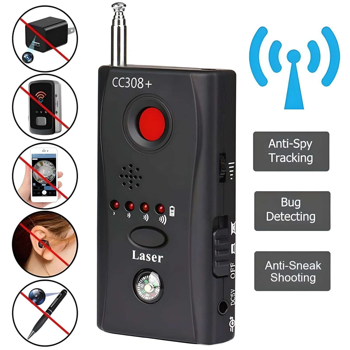 SafeScan Wireless Signal Bug Detector showcasing anti-spy tracking, bug detection, and anti-sneak shooting features.