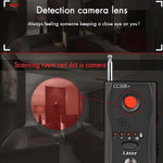 SafeScan Wireless Signal Bug Detector scanning a room for hidden cameras with a red laser dot.