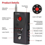 Detailed view of SafeScan Wireless Signal Bug Detector features, including adjustable antenna, laser LED light, and sensitivity controls.