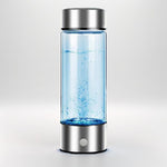 AquaPure Hydrogen Water Bottle with clear hydrogen-rich water and stainless steel accents, ideal for wellness enthusiasts.