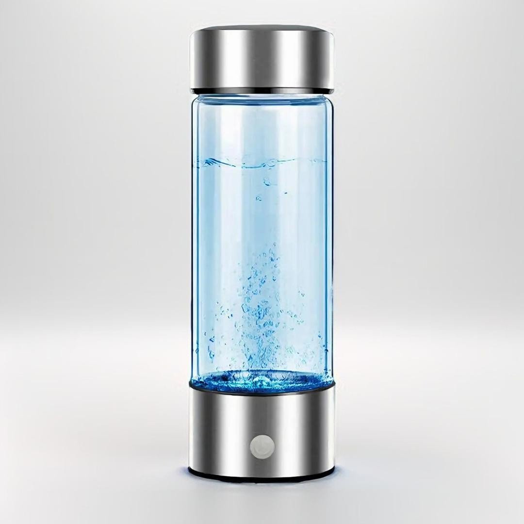 AquaPure Hydrogen Water Bottle with clear hydrogen-rich water and stainless steel accents, ideal for wellness enthusiasts.