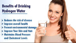 Benefits of drinking hydrogen water, including improved health, skin, and hair, and reduced risk of disease and cholesterol levels.