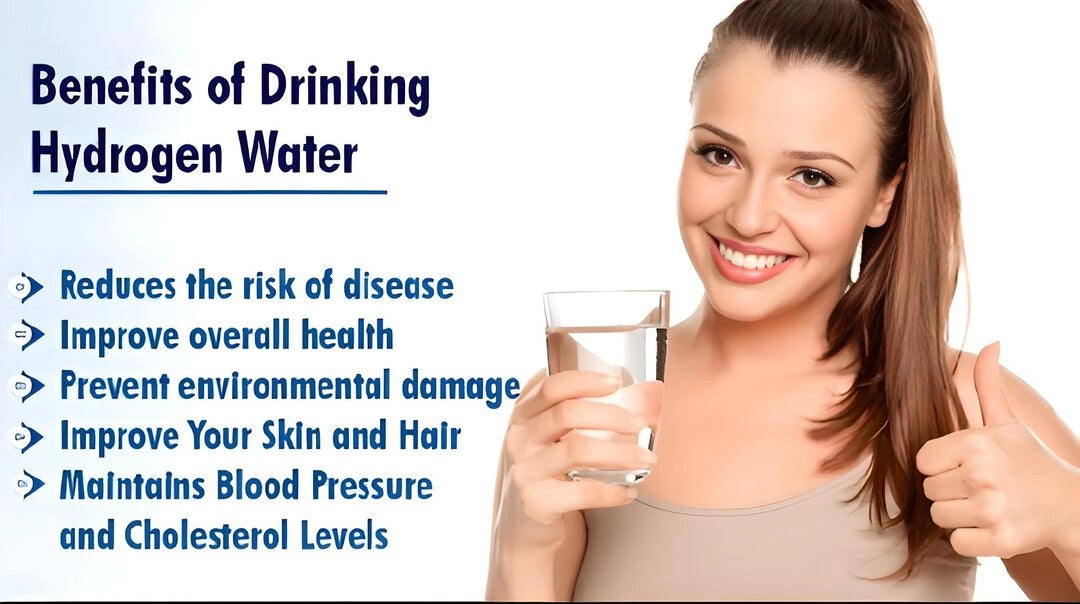 Benefits of drinking hydrogen water, including improved health, skin, and hair, and reduced risk of disease and cholesterol levels.