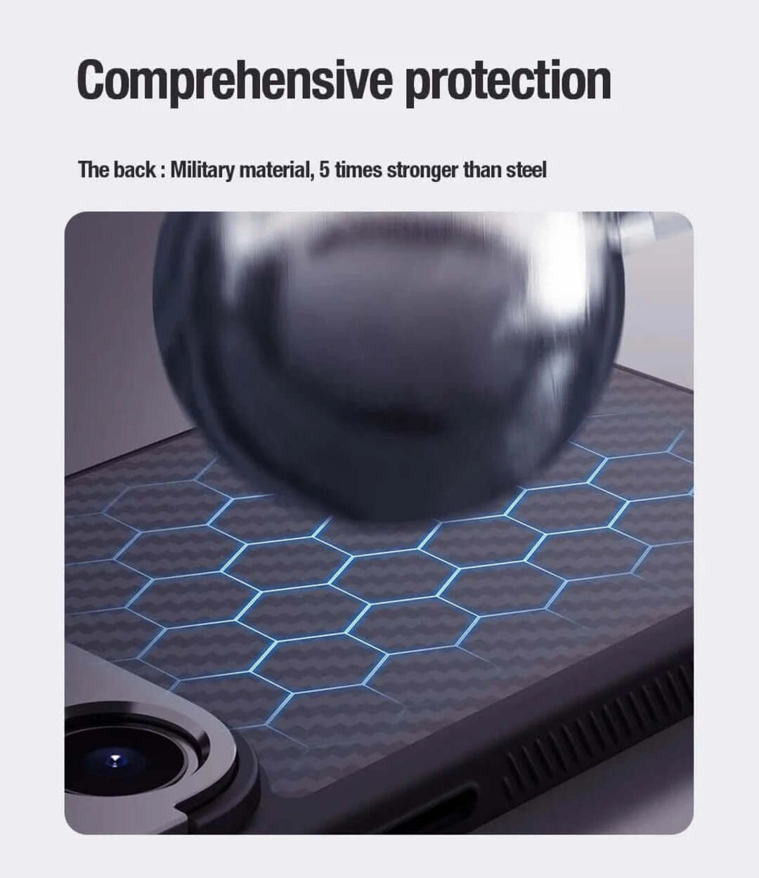 Military-grade aramid fiber iPhone case with hexagonal pattern for comprehensive protection, five times stronger than steel. Manufactured by NILLKIN.