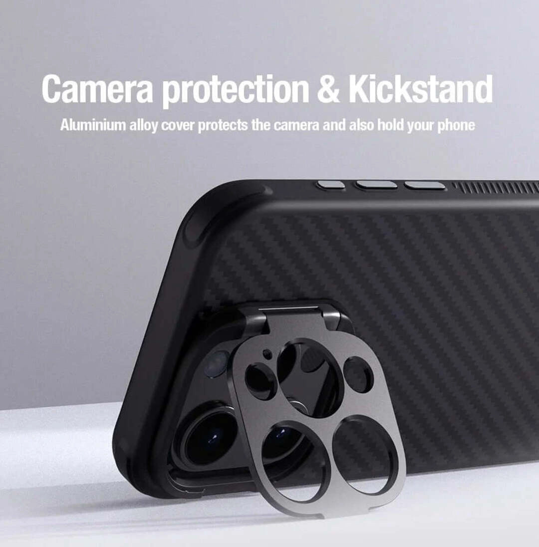 Aramid fiber iPhone case with aluminum camera protection and built-in kickstand for added functionality. Manufactured by NILLKIN.