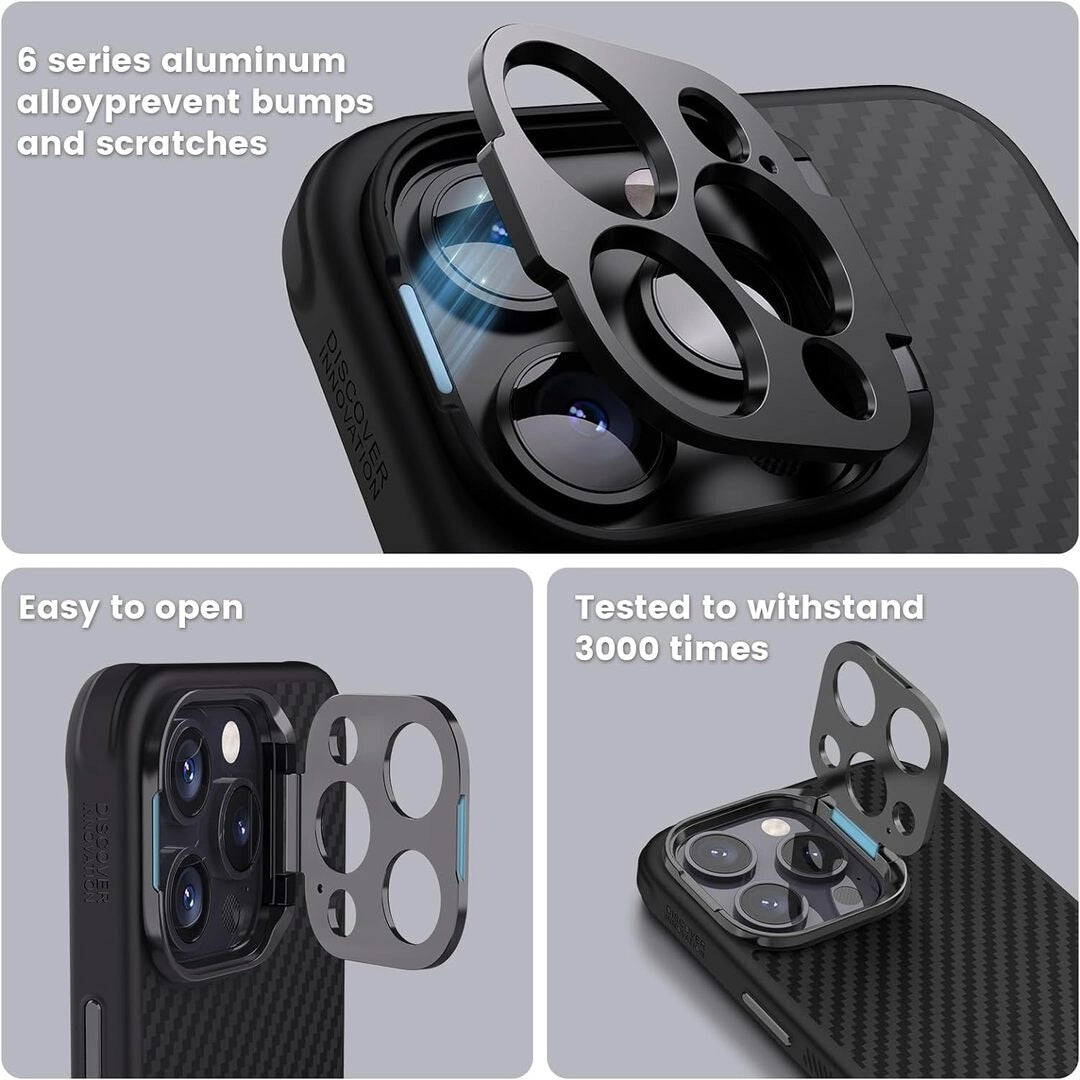 Aluminum alloy camera lens cover on aramid fiber iPhone case, tested for durability and easy removal. Manufactured by NILLKIN.