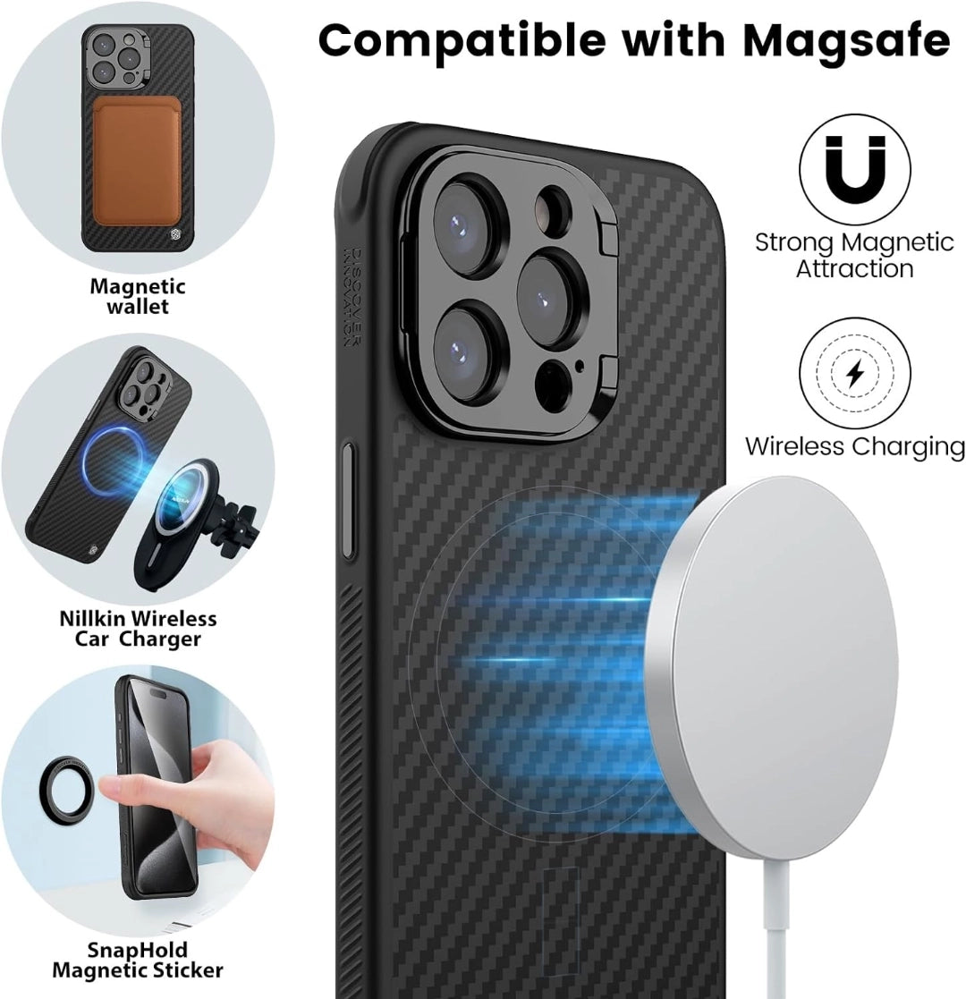 MagSafe-compatible aramid fiber iPhone case with magnetic wallet, wireless charging, and SnapHold magnetic sticker. Manufactured by NILLKIN.