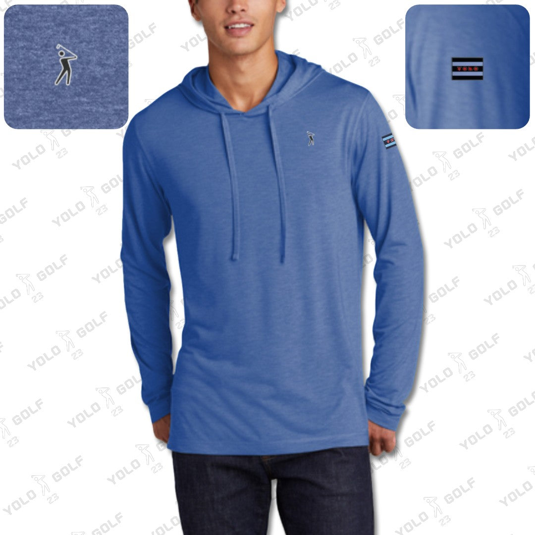 Heather blue tri-blend moisture-wicking long sleeve hoodie from #YOLO Golf featuring a lightweight design, golfer logo on chest, and Chicago flag patch on sleeve.