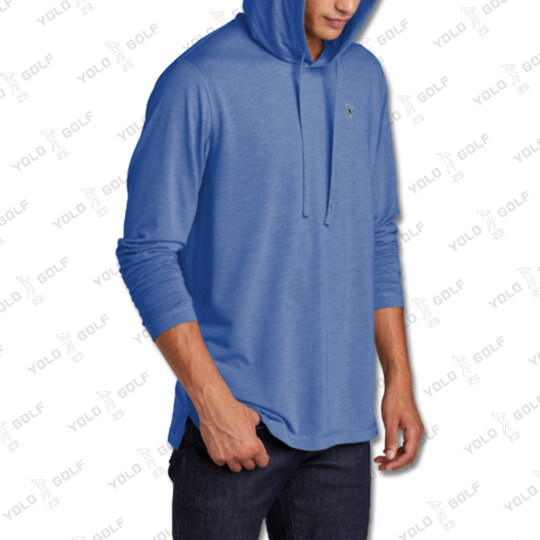 Side view of heather blue tri-blend long sleeve hoodie from 