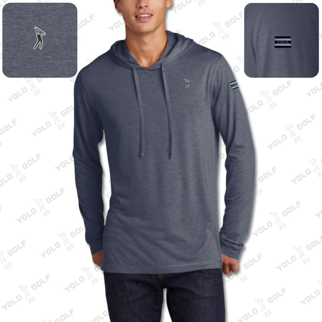 Heather navy tri-blend moisture-wicking long sleeve hoodie from #YOLO Golf with drawstring hood, golfer logo on chest, and Chicago flag patch on sleeve.