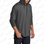 Side view of charcoal gray tri-blend long sleeve hoodie from 