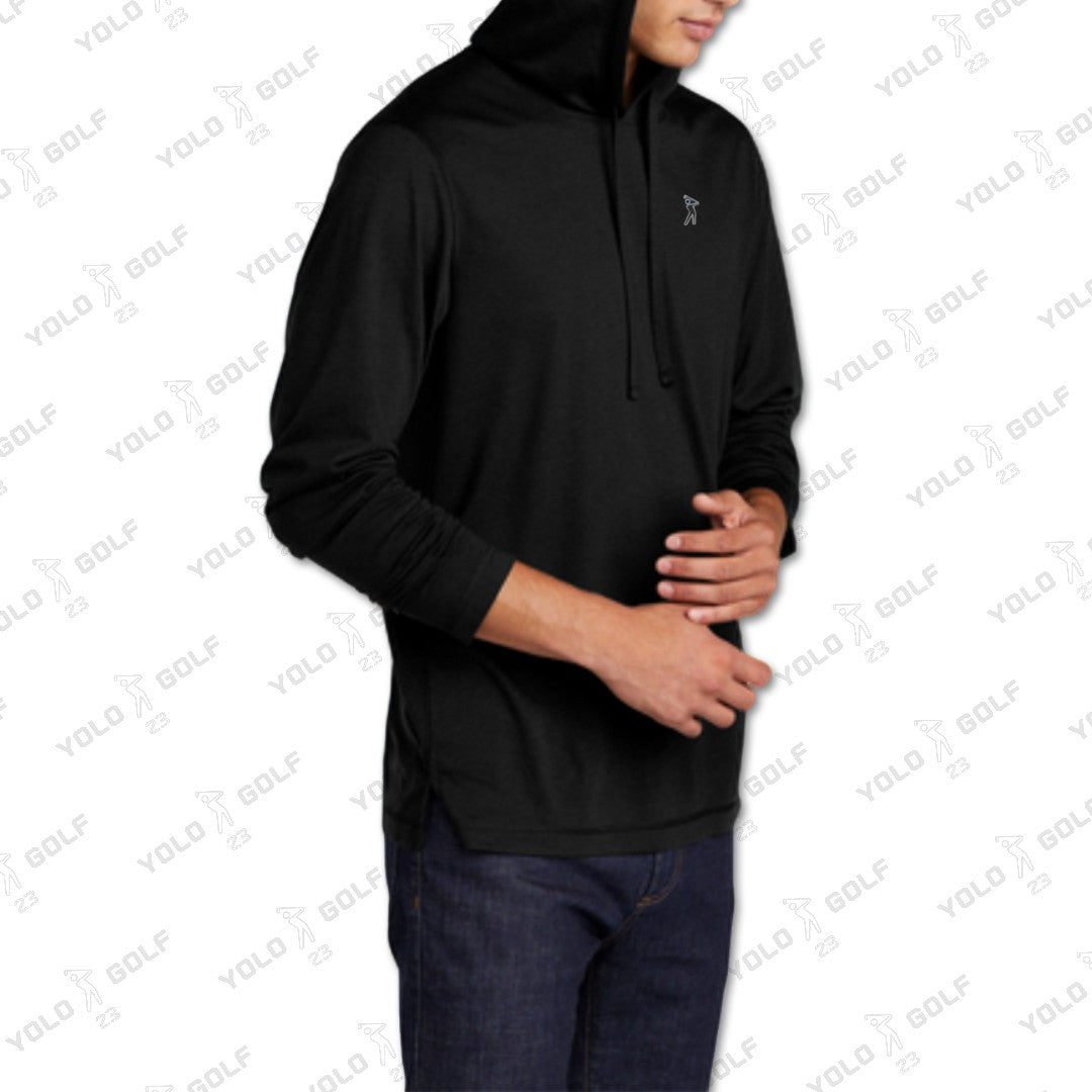 Side view of black tri-blend long sleeve hoodie from 