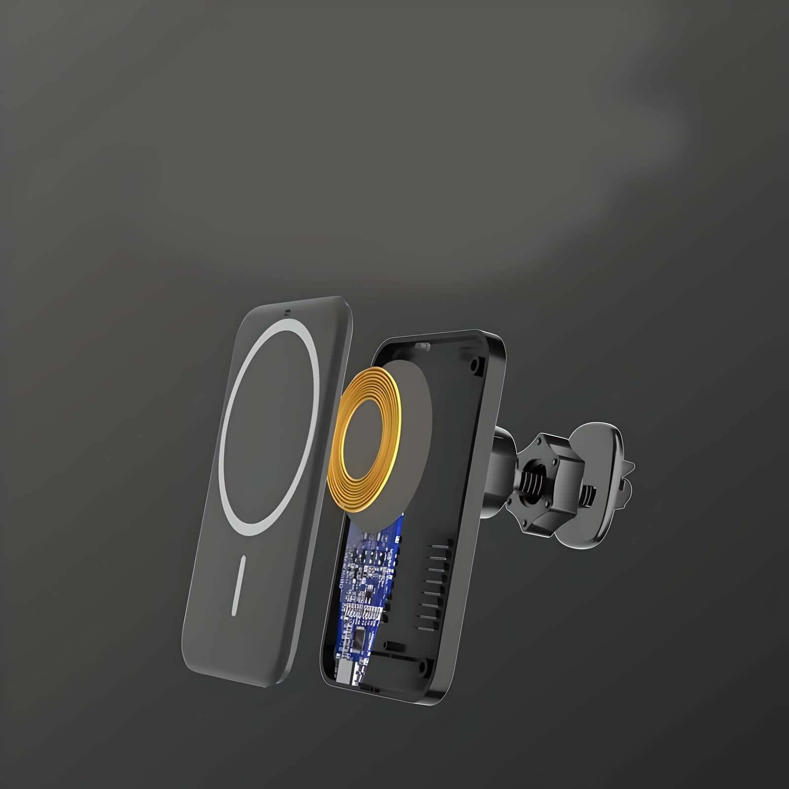 Exploded view of the AutoCharge MagMount, revealing internal components like the magnetic coil and vent bracket mechanism.