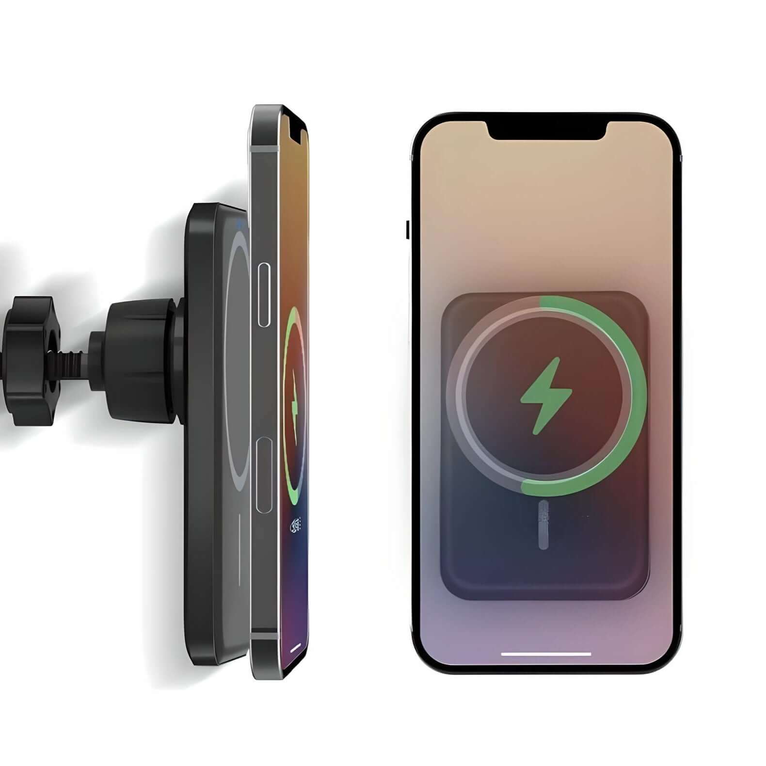 AutoCharge MagMount in black, demonstrating strong magnetic hold and wireless charging with a smartphone in portrait orientation.