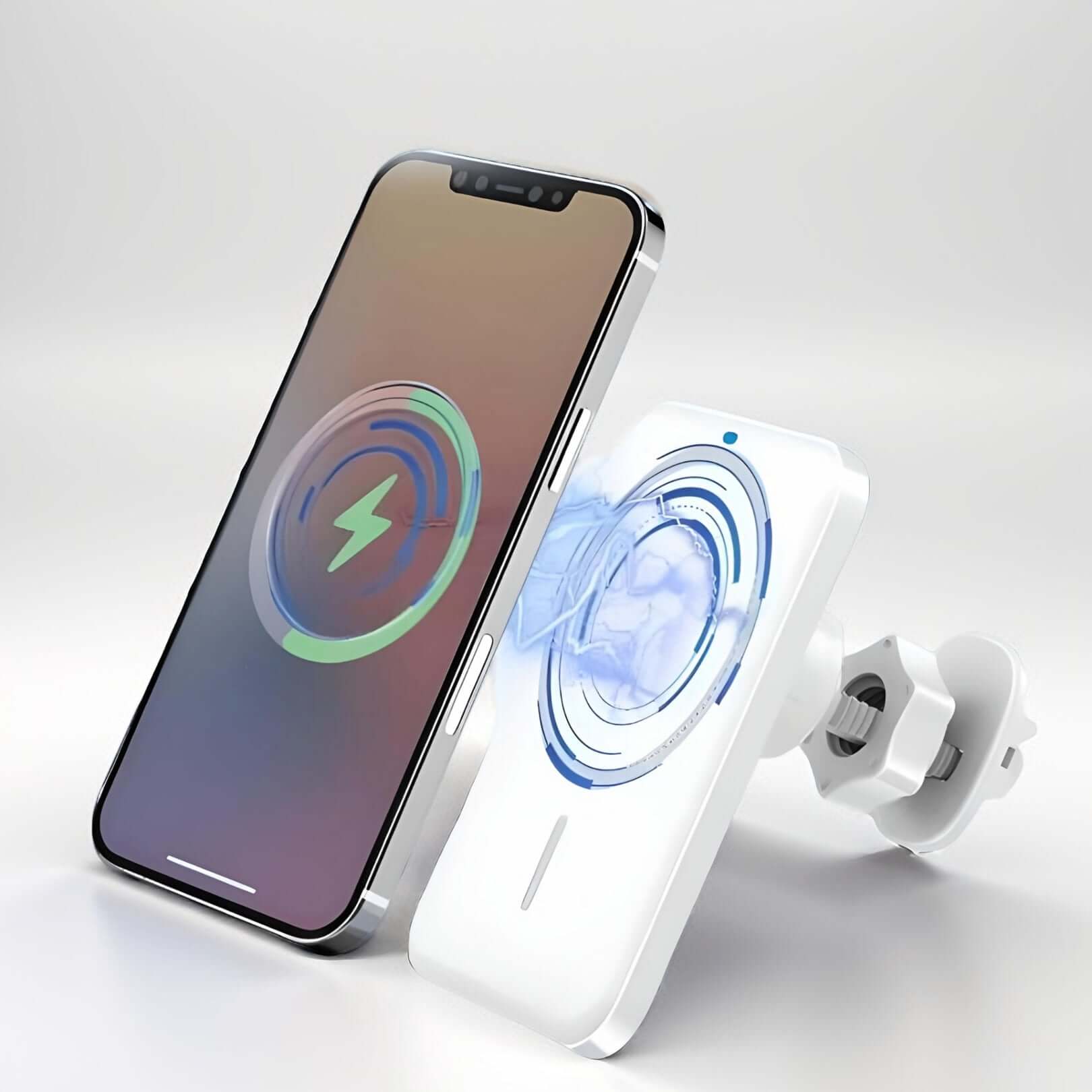 White version of the AutoCharge MagMount magnetic wireless car charger, paired with a smartphone for MagSafe charging.